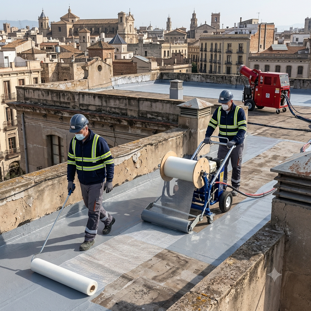 impermeabilización de tejados a base de máquina con membrana de poliuretano y fibra de vidrio.
